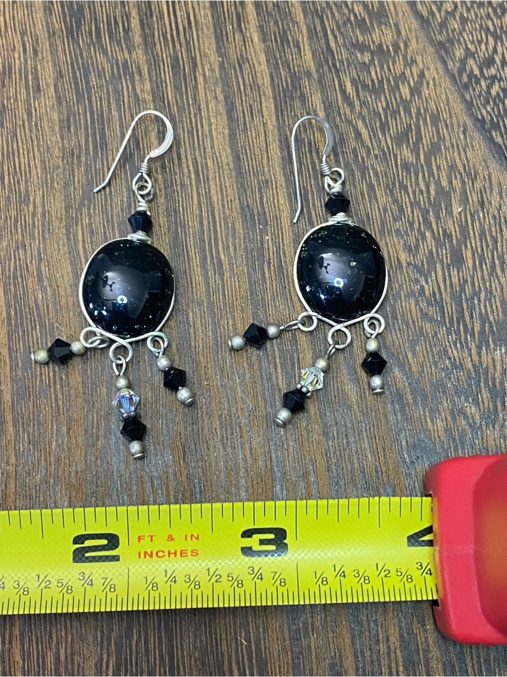 Black Sparkle Cabochon AB Crystal Bead Dangle Earrings with Silver-Tone Accents - Picture 10 of 10